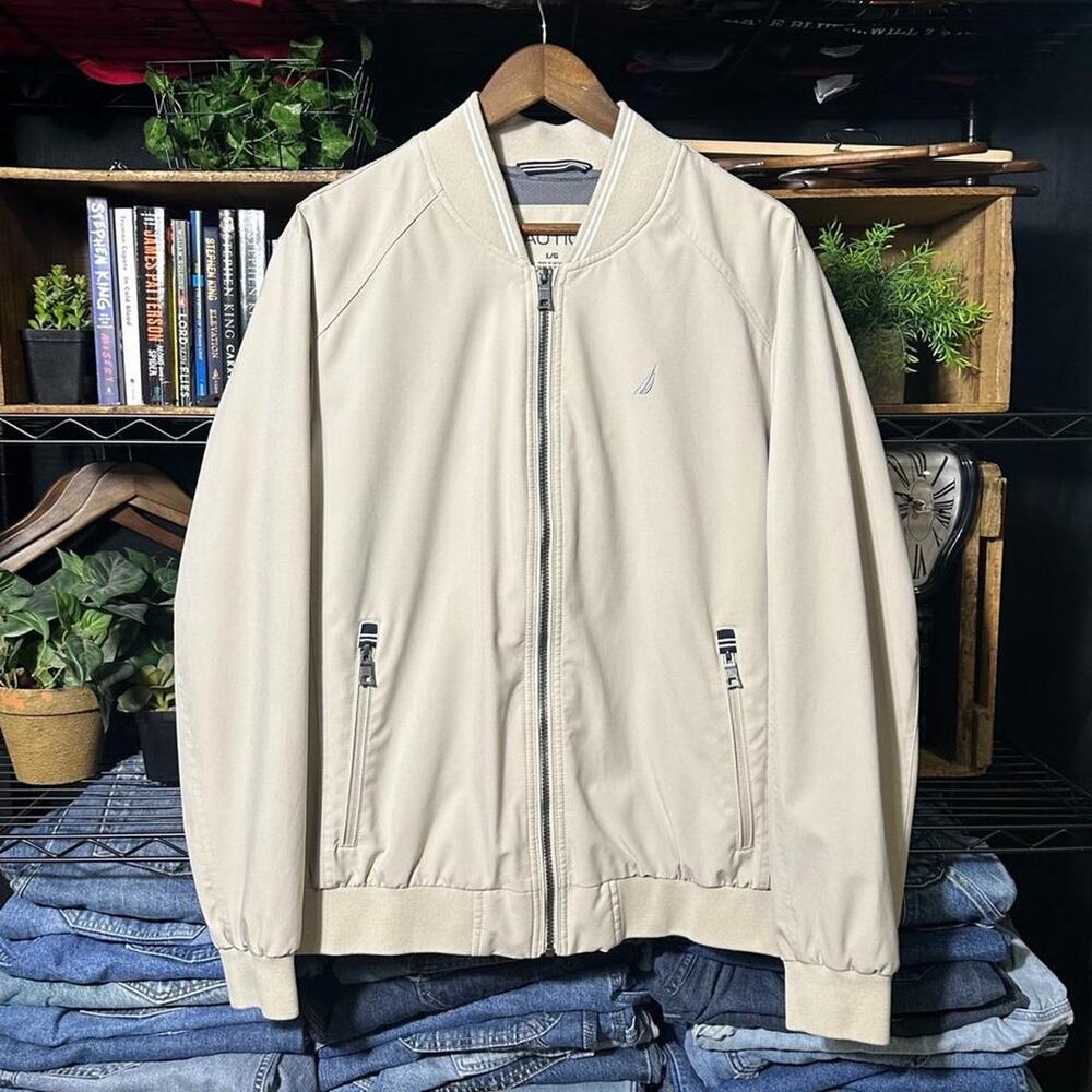 Nautica Tan Harrington Bomber Jacket Mens Large Lightweight Windbreaker Coat